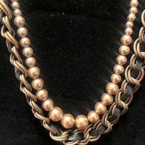 LOFT double layer Pearl, bronze chain, and faux leather Necklace